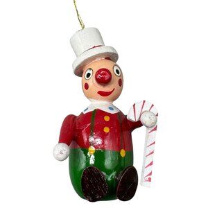 Wooden Clown Ornaments 1970s Vintage candy cane top hat red green 3" READ